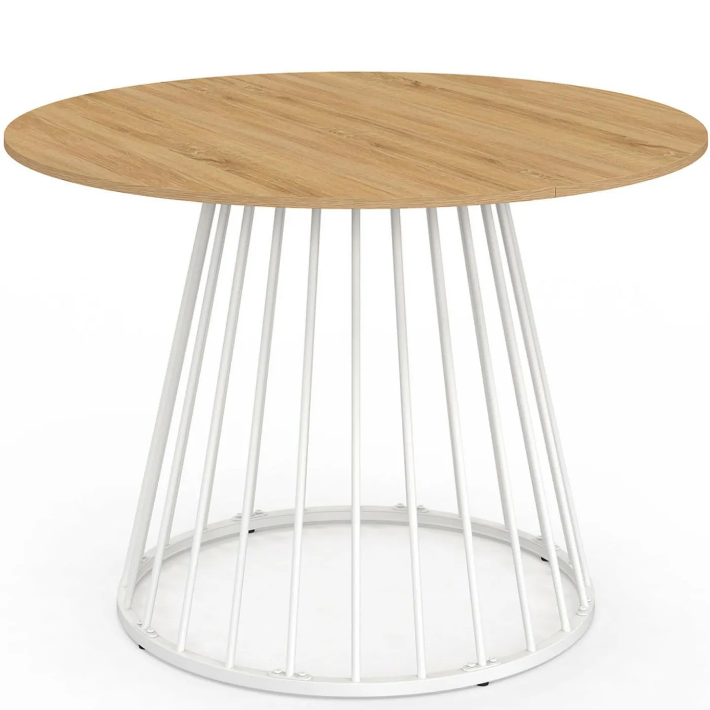 Table ronde à manger 110cm 6 personnes plateau bois et pied filaire métal blanc
