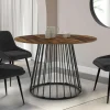 Table ronde à manger 110cm 6 personnes plateau bois foncé et pied filaire métal noir