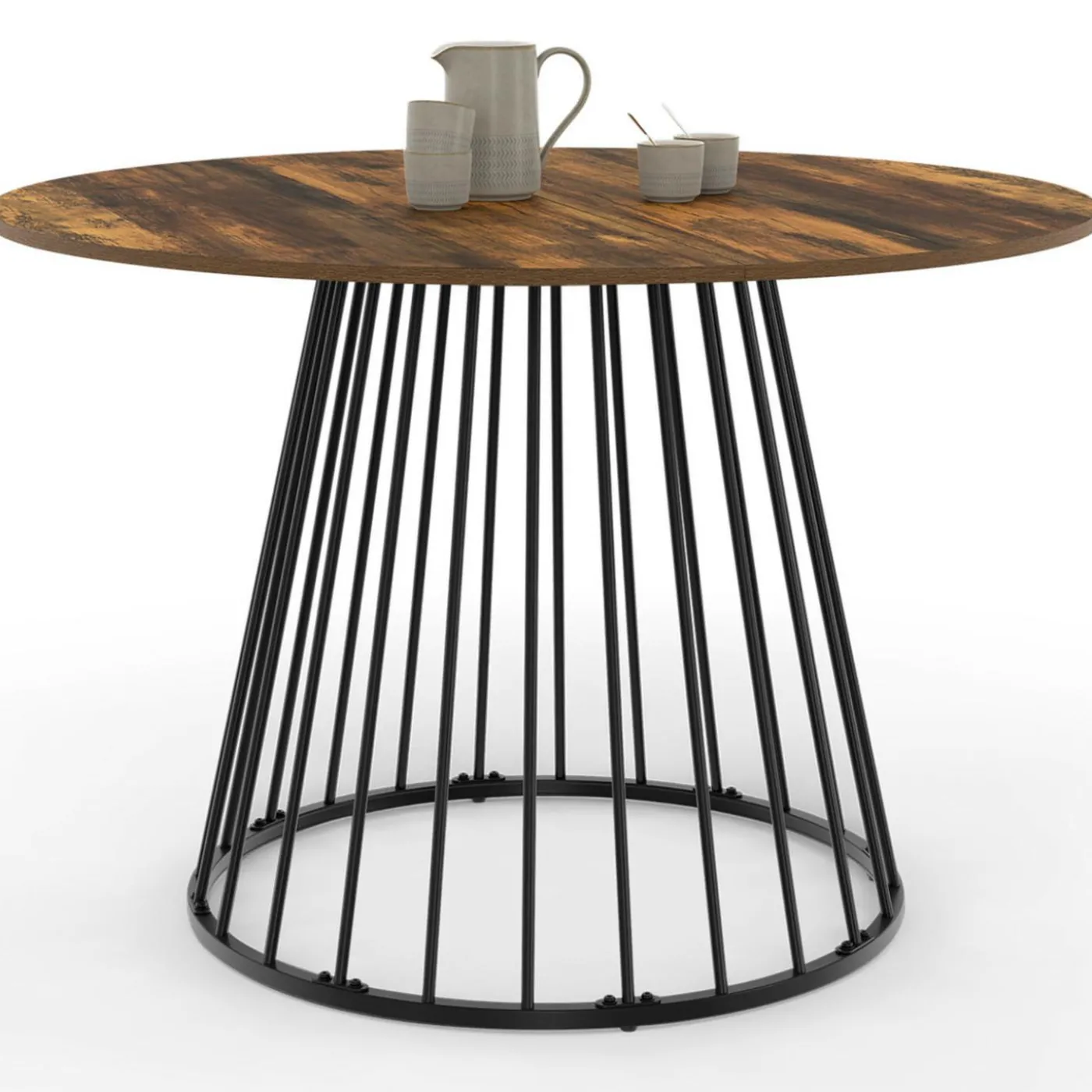 Table ronde à manger 110cm 6 personnes plateau bois foncé et pied filaire métal noir