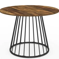 Table ronde à manger 110cm 6 personnes plateau bois foncé et pied filaire métal noir