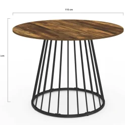 Table ronde à manger 110cm 6 personnes plateau bois foncé et pied filaire métal noir