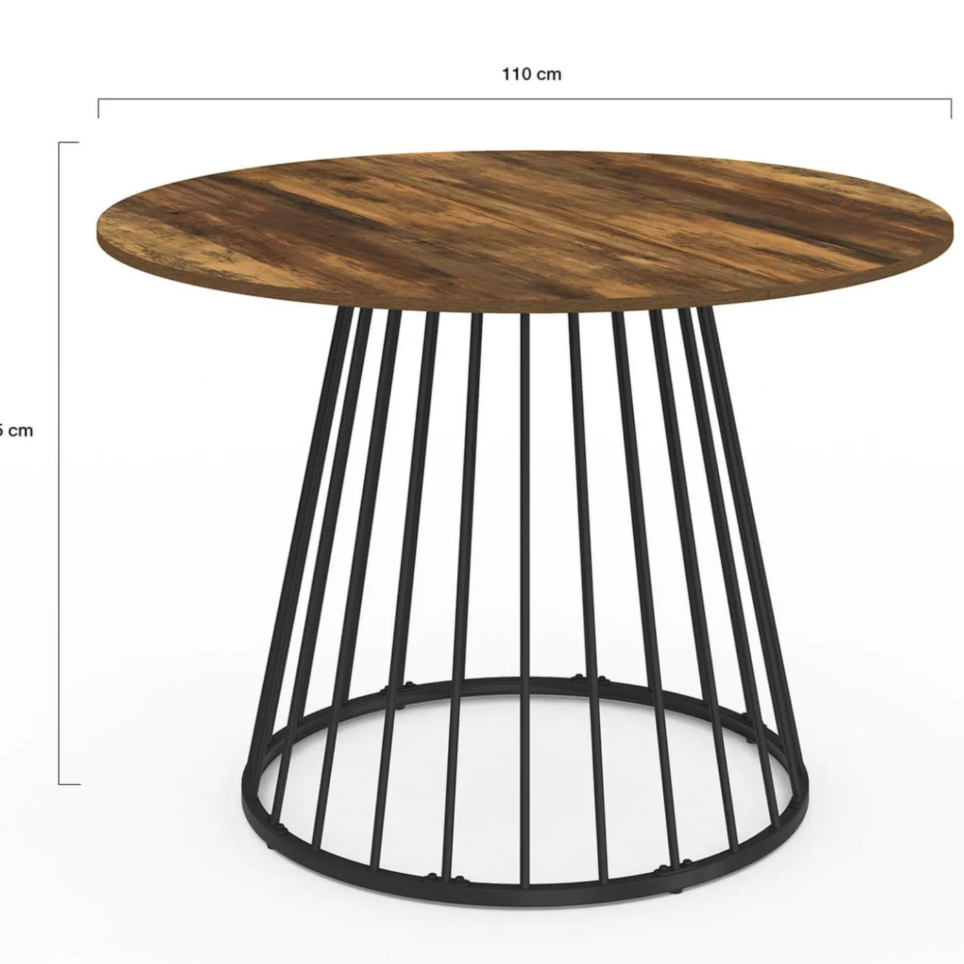 Table ronde à manger 110cm 6 personnes plateau bois foncé et pied filaire métal noir
