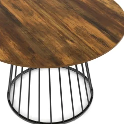 Table ronde à manger 110cm 6 personnes plateau bois foncé et pied filaire métal noir