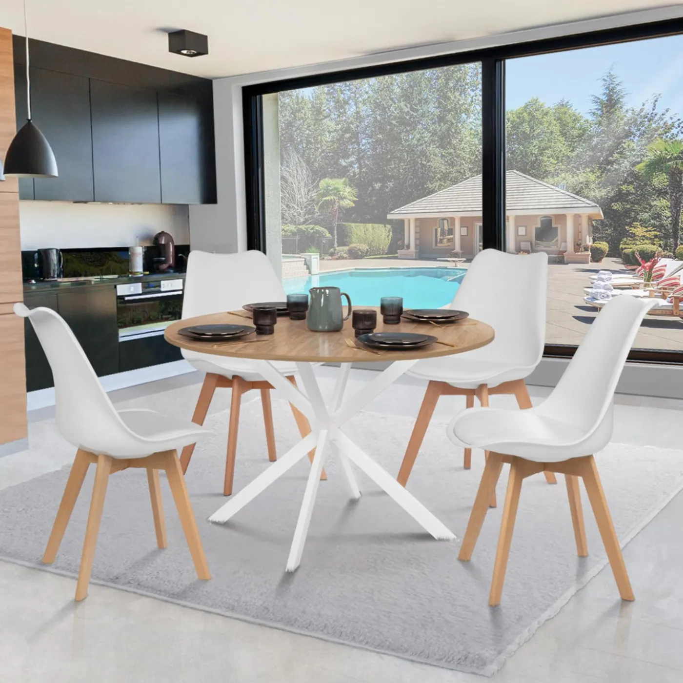 Table ronde bois et blanche 6 personnes industrielle