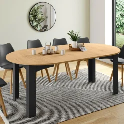 Table ronde extensible 110-200 cm 4-10 personnes plateau façon hêtre pieds noirs