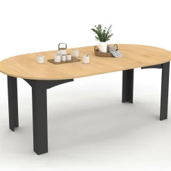 Table ronde extensible 110-200 cm 4-10 personnes plateau façon hêtre pieds noirs