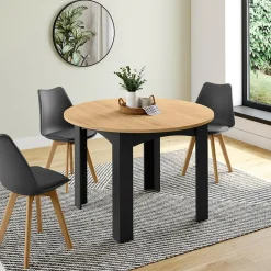 Table ronde extensible 110-200 cm 4-10 personnes plateau façon hêtre pieds noirs