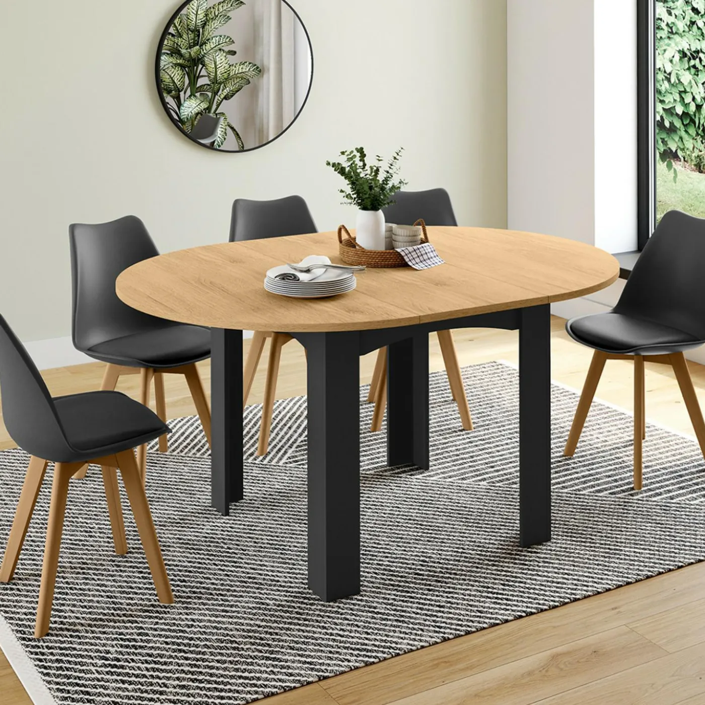 Table ronde extensible 4-8 personnes noir et bois
