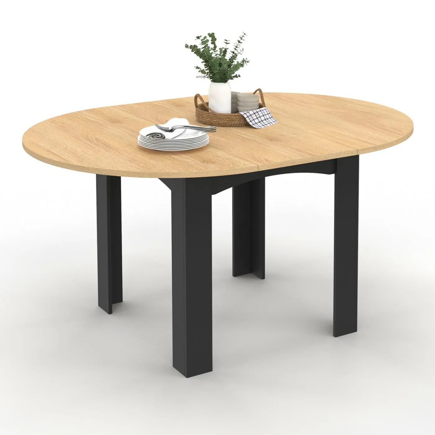 Table ronde extensible 4-8 personnes noir et bois