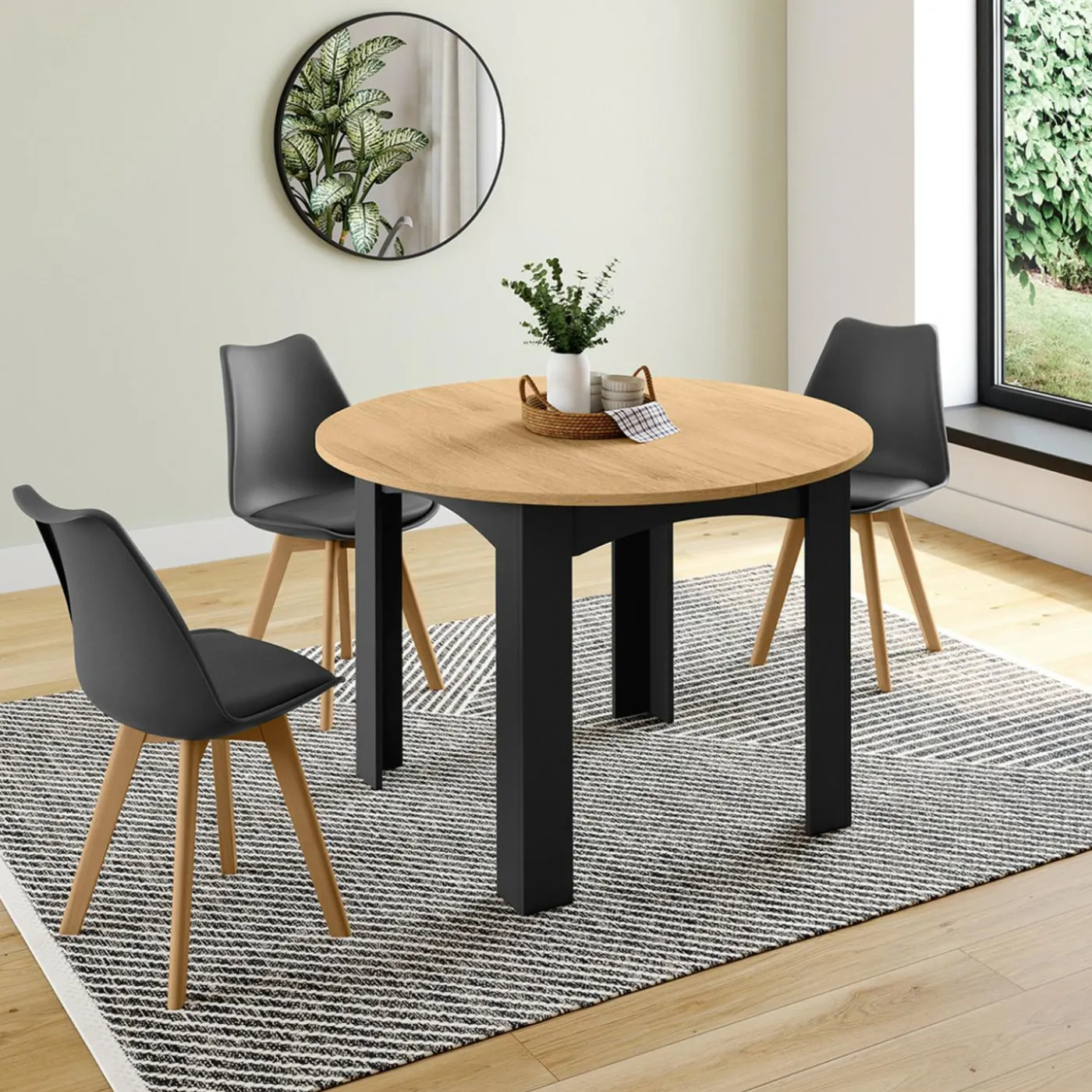 Table ronde extensible 4-8 personnes noir et bois