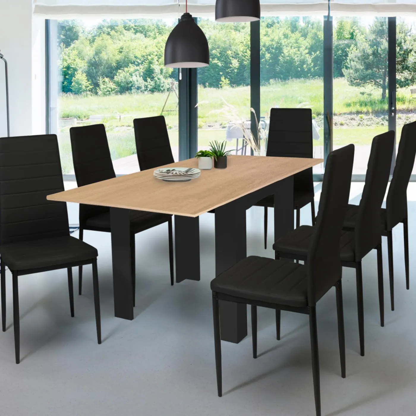 Table salle à manger extensible noire plateau façon hêtre