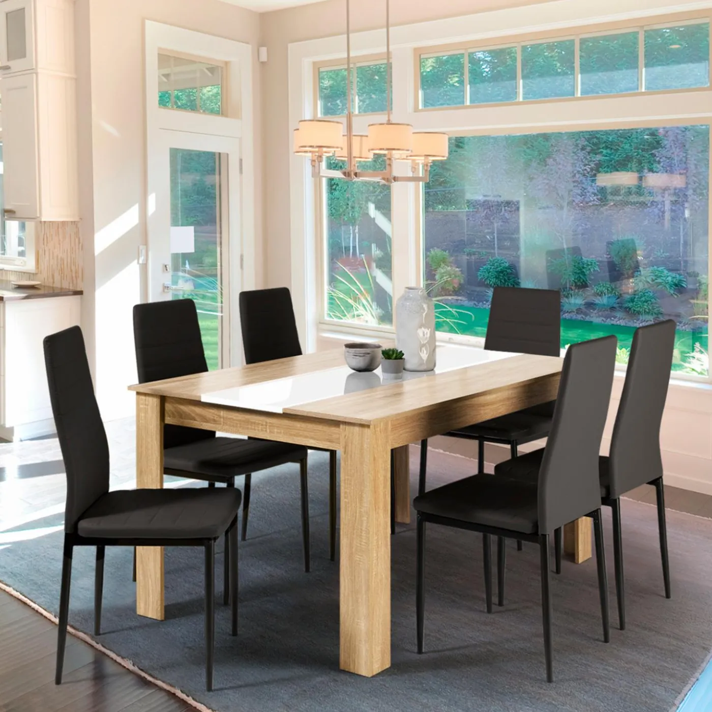 Table salle à manger moderne imitation hêtre et blanc