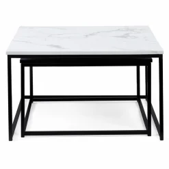 Tables basses gigognes effet marbre blanc et pieds en métal noir