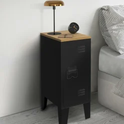 Tables de chevet industrielles plateau bois façon hêtre avec porte métal noir
