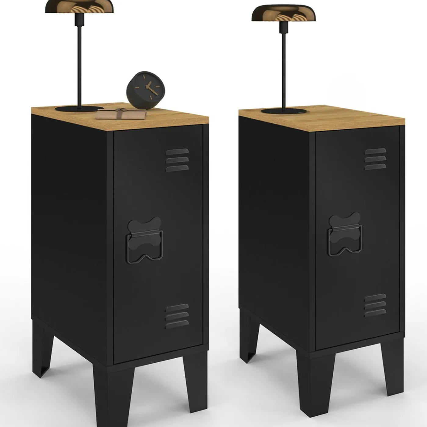 Tables de chevet industrielles plateau bois façon hêtre avec porte métal noir