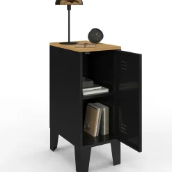 Tables de chevet industrielles plateau bois façon hêtre avec porte métal noir