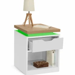 Tables de chevet LED avec tiroir blanc et plateau effet bois
