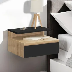 Tables de chevet murales bois façon hêtre et noires avec tiroir et tablette