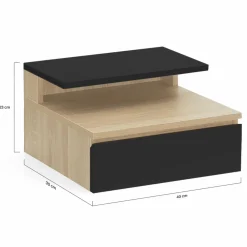 Tables de chevet murales bois façon hêtre et noires avec tiroir et tablette