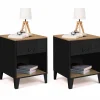 Tables de chevet noires bois façon hêtre et métal style industriel