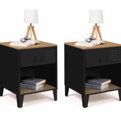 Tables de chevet noires bois façon hêtre et métal style industriel