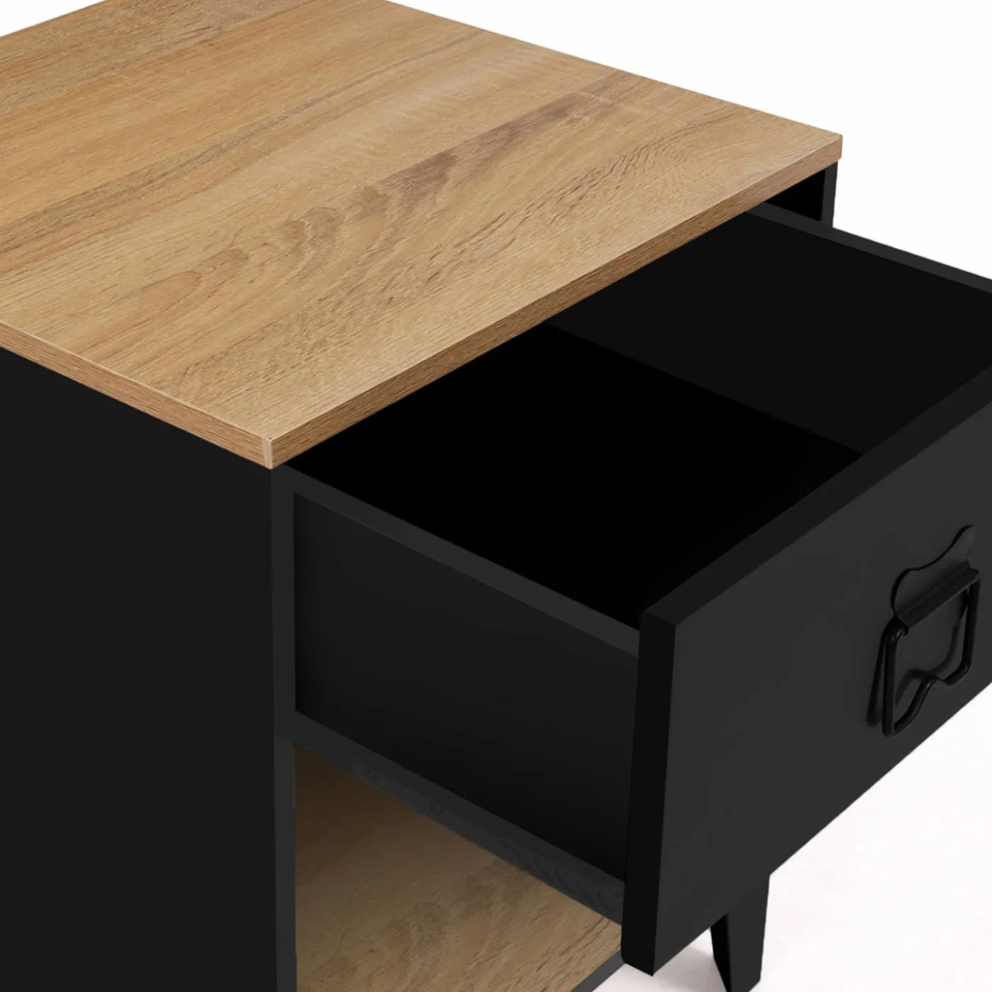 Tables de chevet noires bois façon hêtre et métal style industriel