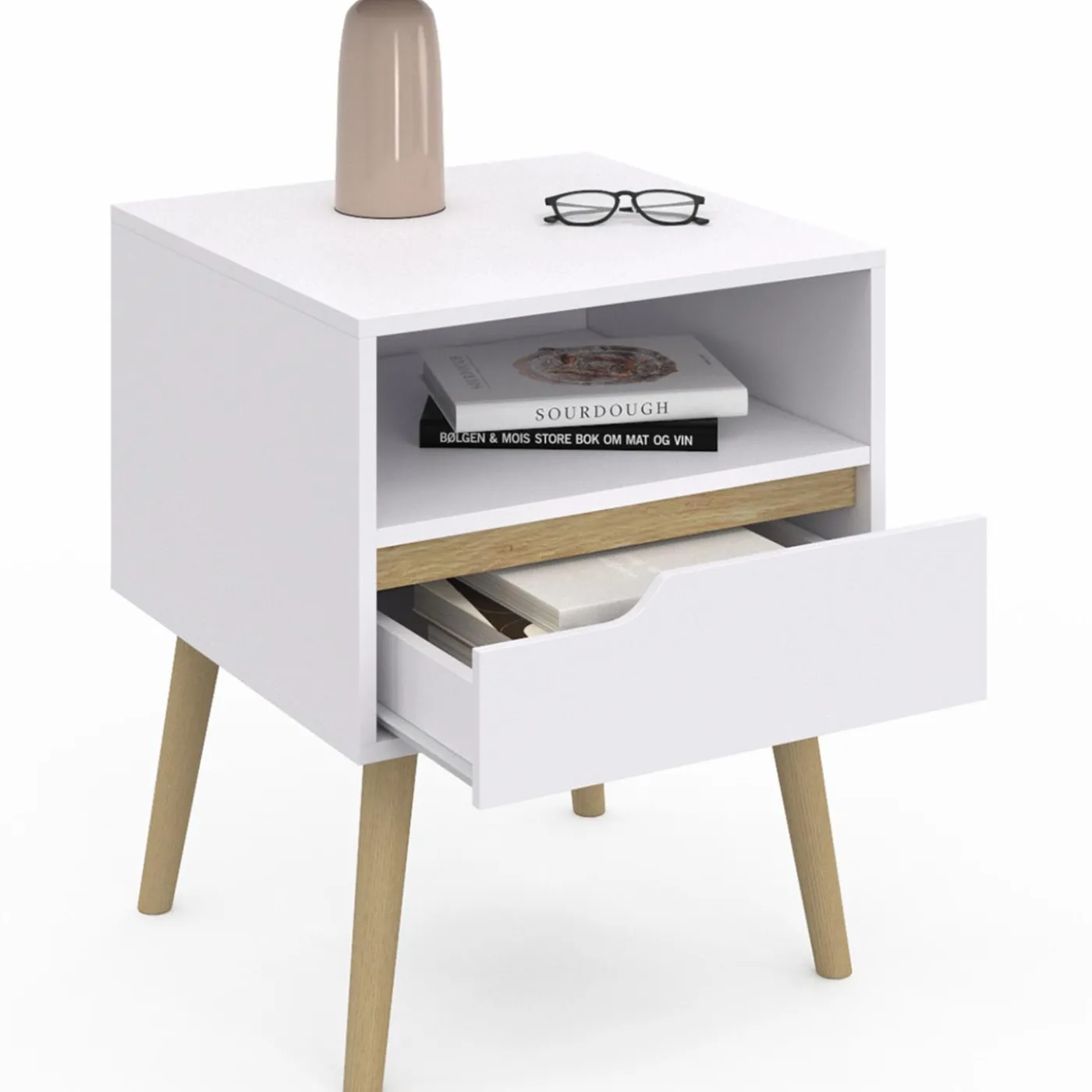 Tables de chevet scandinaves avec 1 tiroir blanches et bois