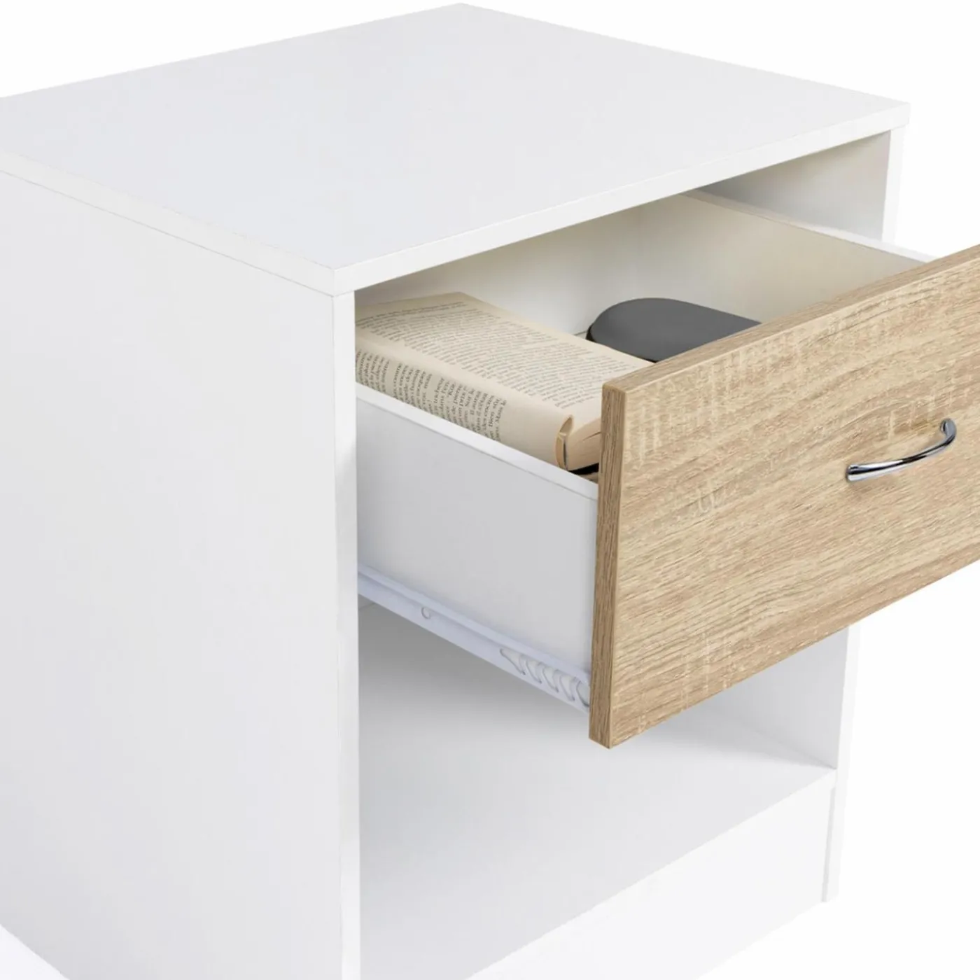 Tables de nuit en bois blanc et façon hêtre avec tiroir