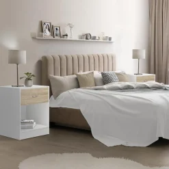 Tables de nuit en bois blanc et façon hêtre avec tiroir