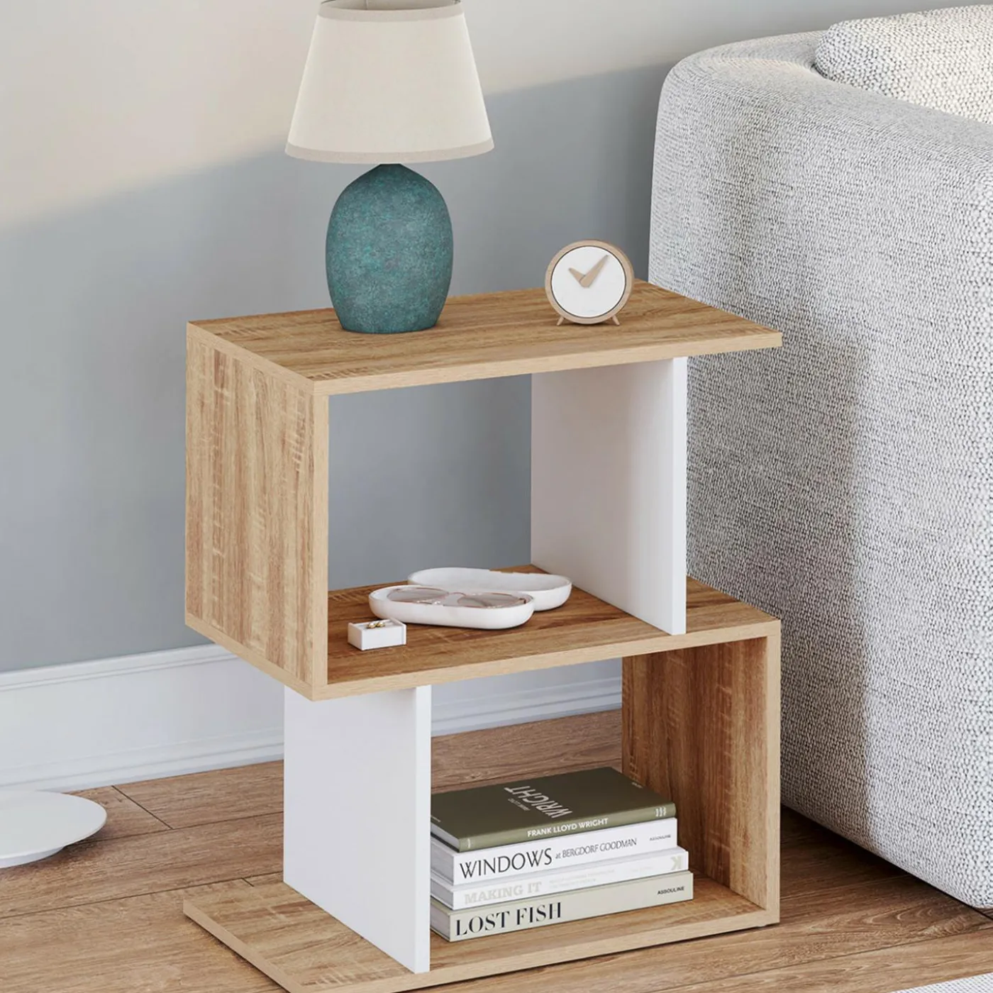 Tables de nuit en forme de S effet hêtre et blanc