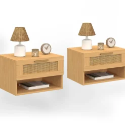 Tables de nuit murales cannage et bois