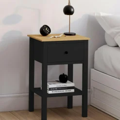Tables de nuit noire et bois avec tiroir et tablette