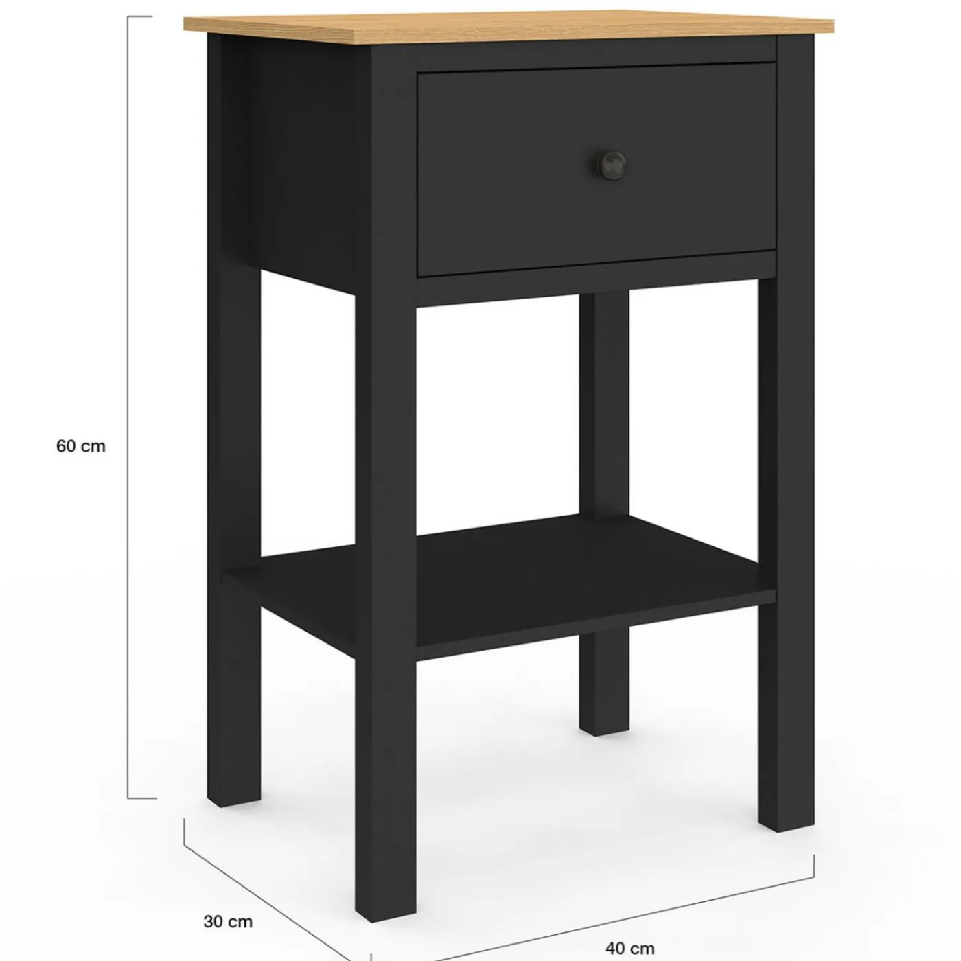 Tables de nuit noire et bois avec tiroir et tablette
