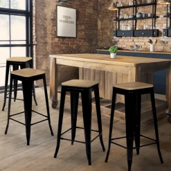 Tabourets de bar bois et métal noir empilables x4