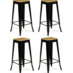 Tabourets de bar bois et métal noir empilables x4