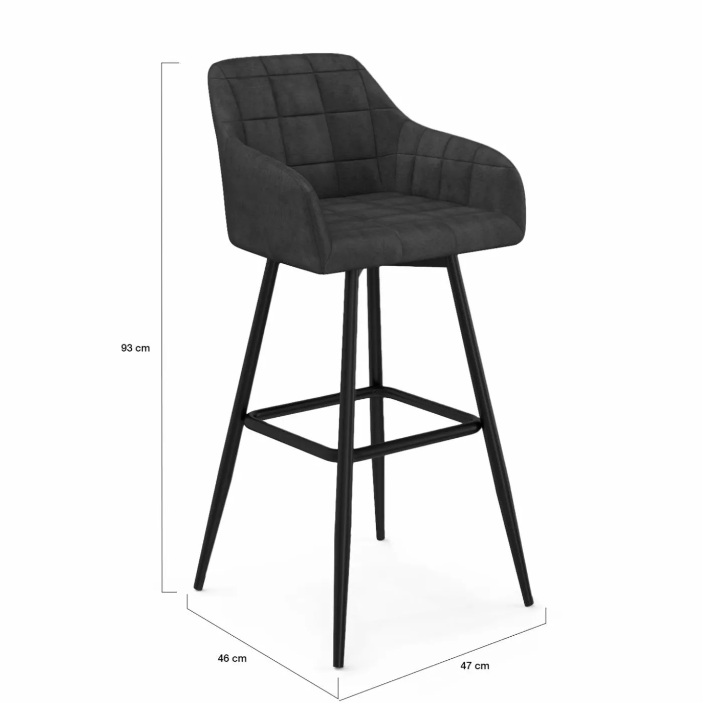 Tabourets de bar en velours gris foncé avec accoudoirs : lot de 2