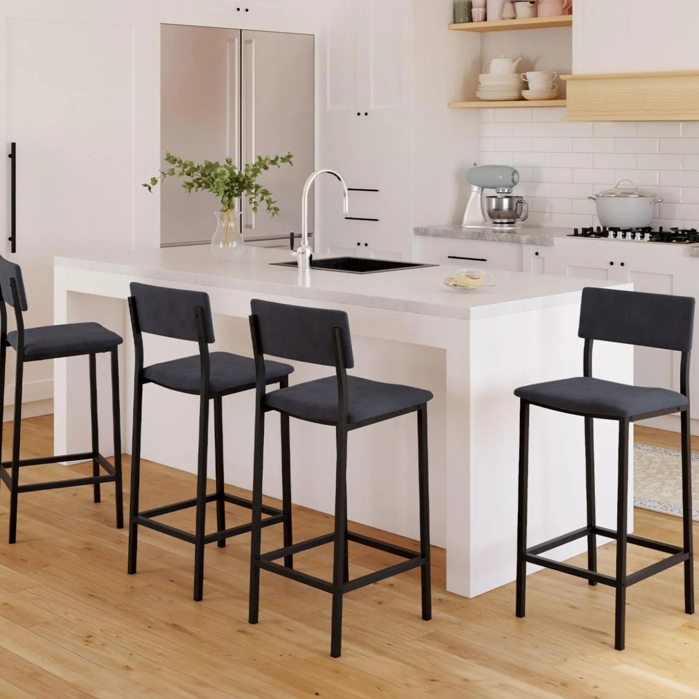Tabourets de bar en velours et métal gris anthracite : lot de 4