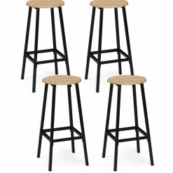 Tabourets de bar ronds bois et métal noir x4