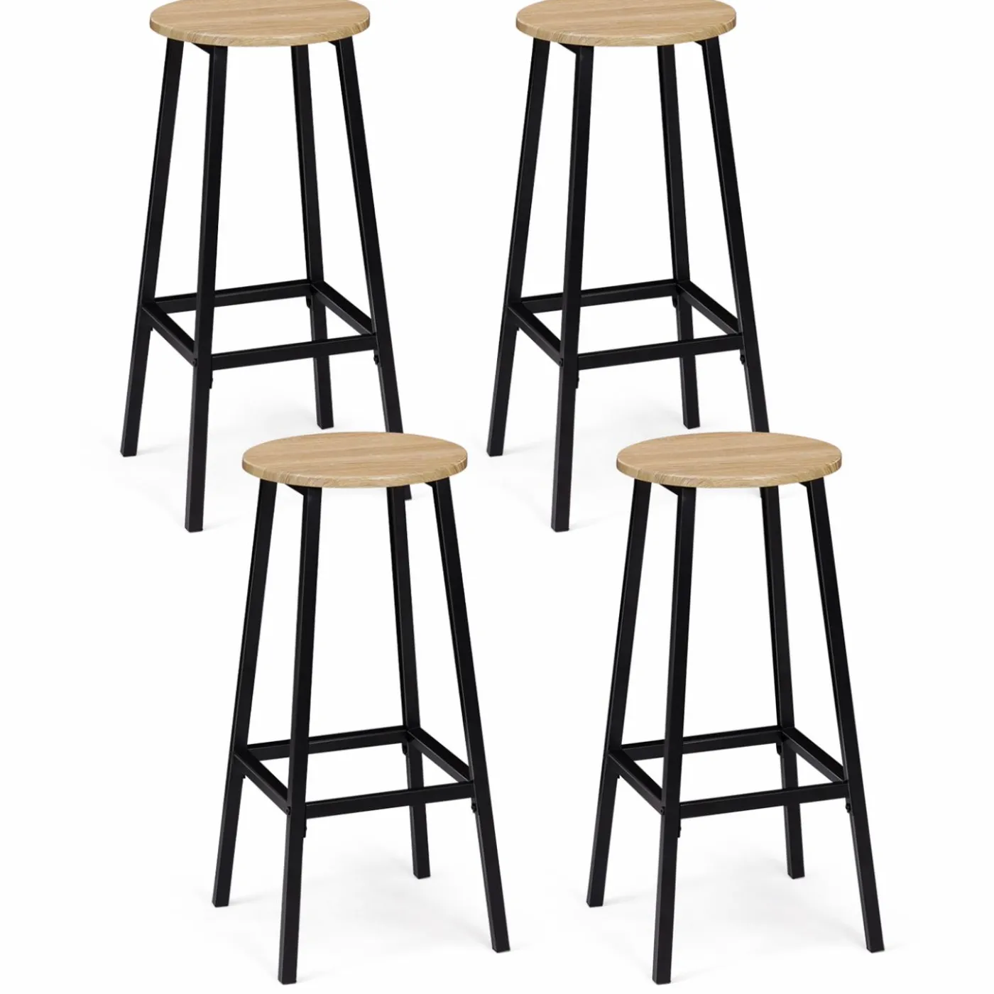 Tabourets de bar ronds bois et métal noir x4