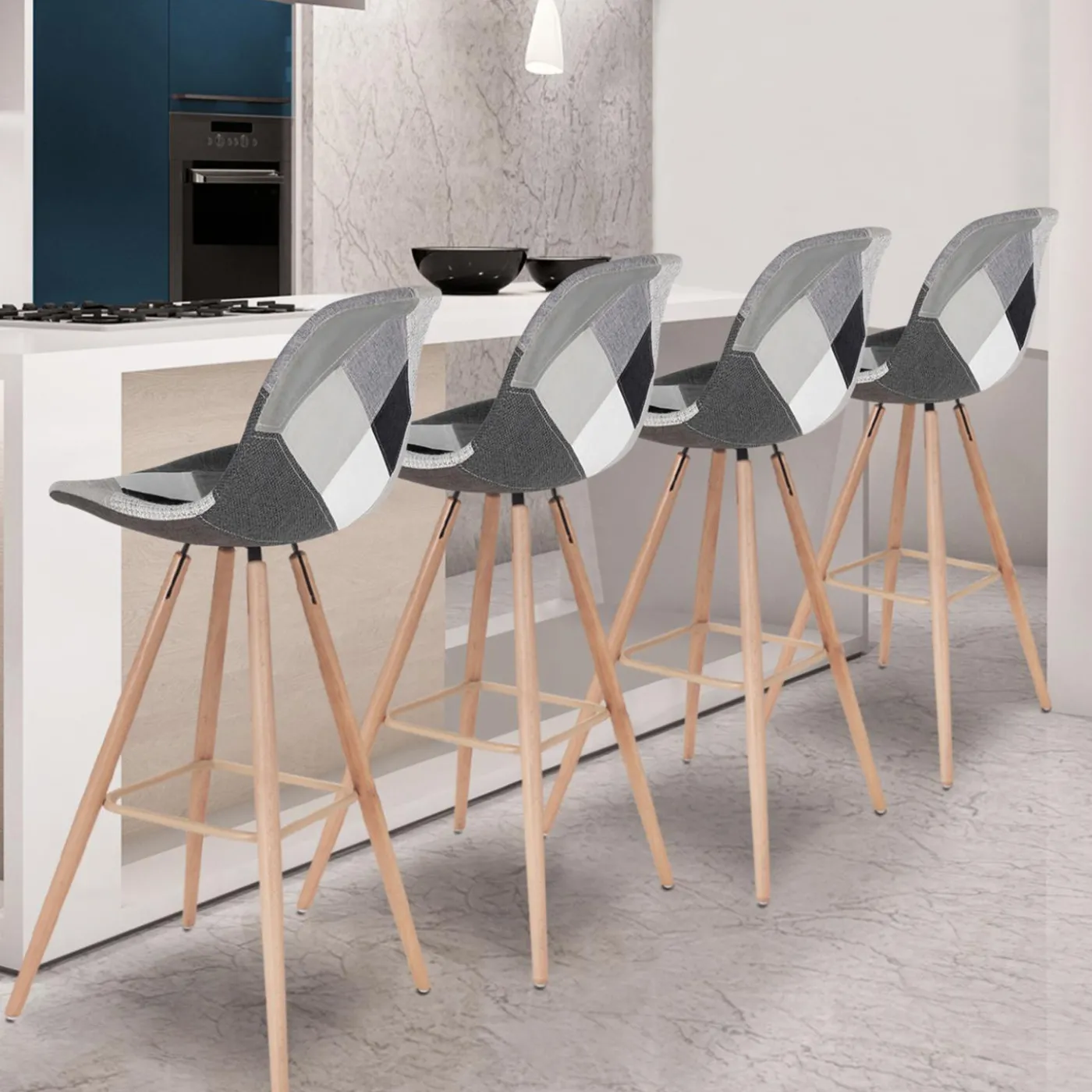 Tabourets de bar scandinaves patchworks noir, gris et blancs