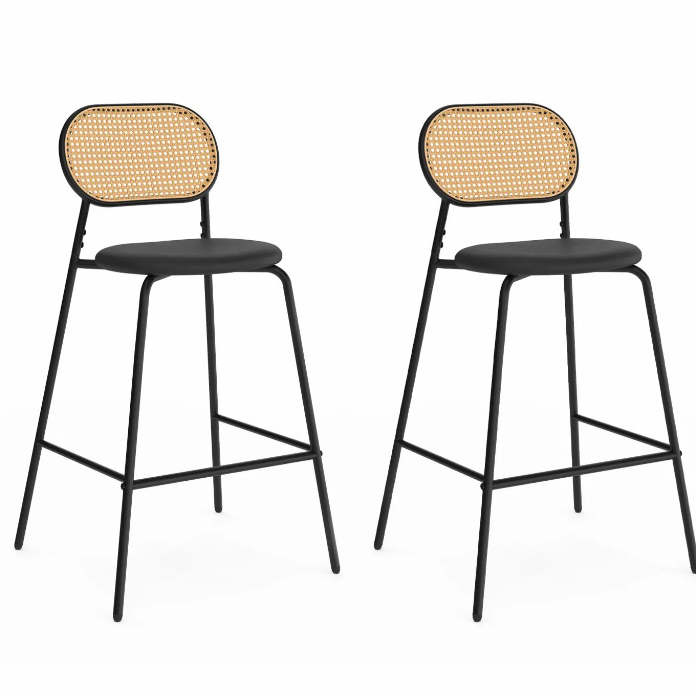Tabourets de bar vintage métal noir et cannage