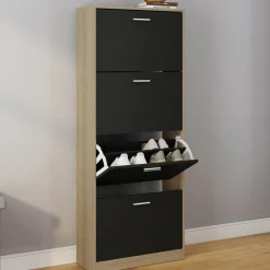 Étagère à chaussures imitation hêtre avec 4 portes noires
