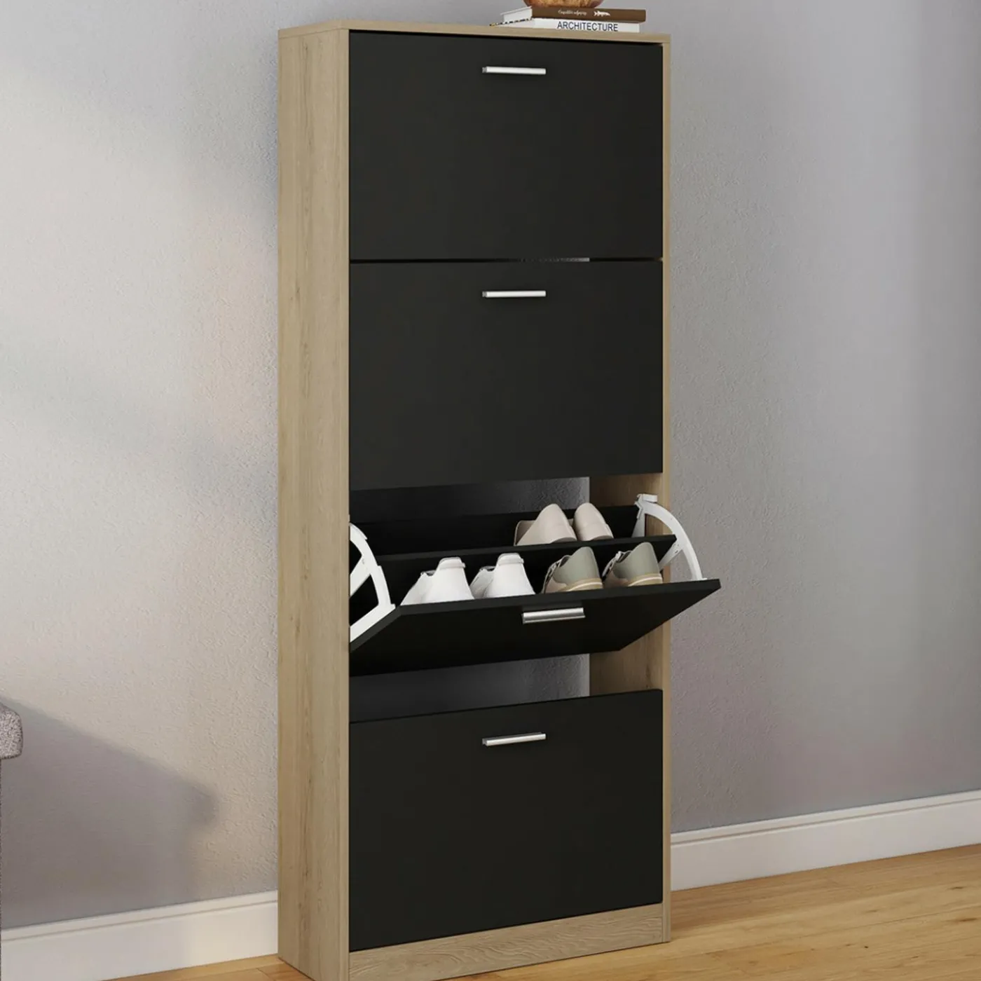 Étagère à chaussures imitation hêtre avec 4 portes noires