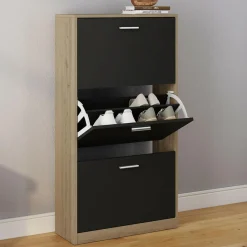 Étagère à chaussures imitation hêtre et portes noires