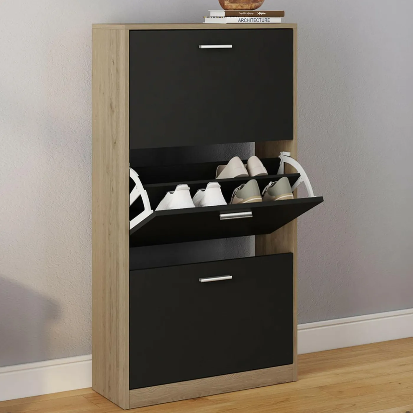 Étagère à chaussures imitation hêtre et portes noires