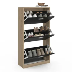 Étagère à chaussures imitation hêtre et portes noires