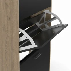 Étagère à chaussures imitation hêtre et portes noires
