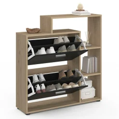 Étagère à chaussures imitation hêtre avec 2 portes noires