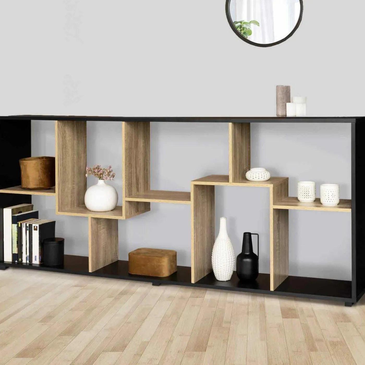 Étagère 161 cm double position bois imitation hêtre et noir