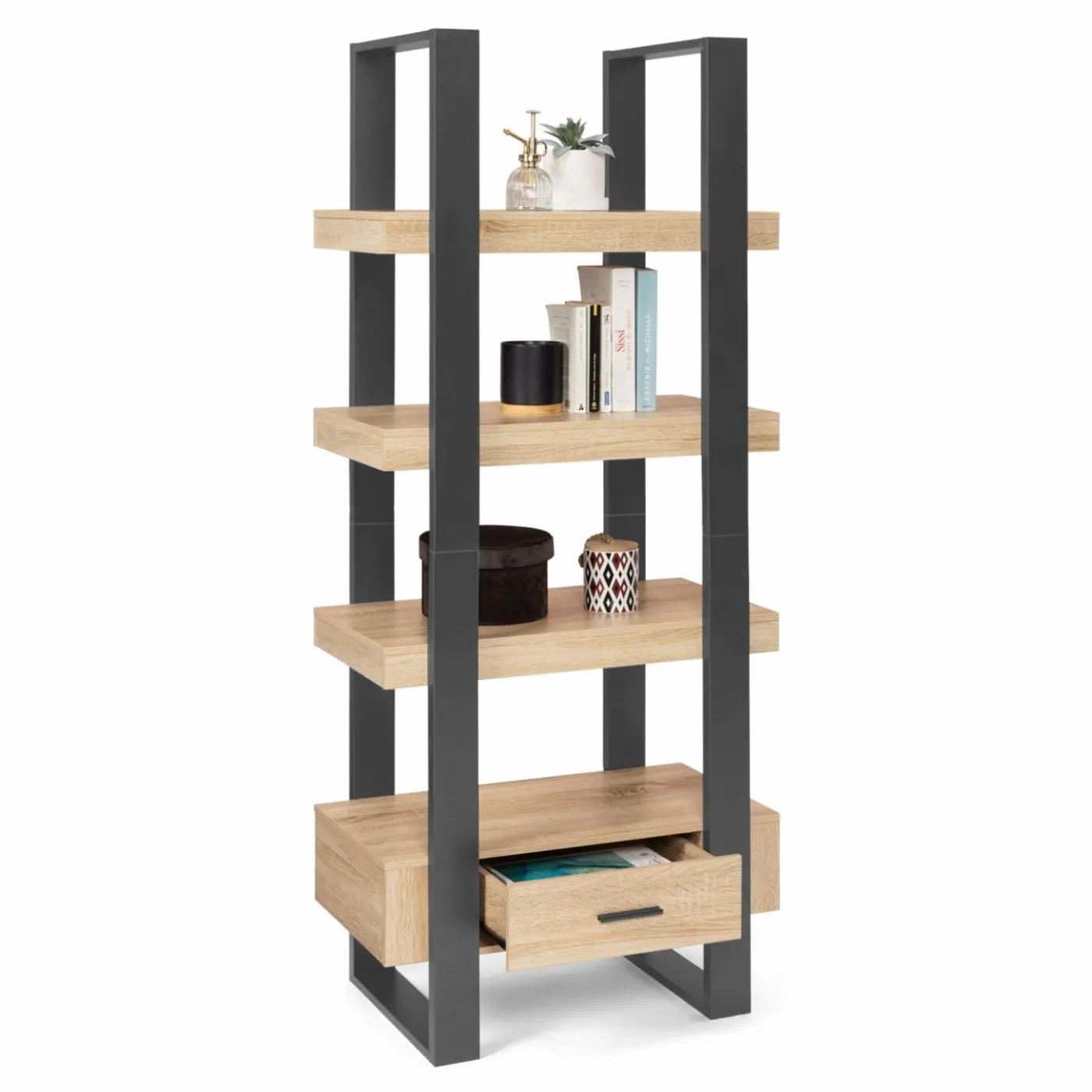 Étagère 4 niveaux industrielle bois et noir avec tiroir